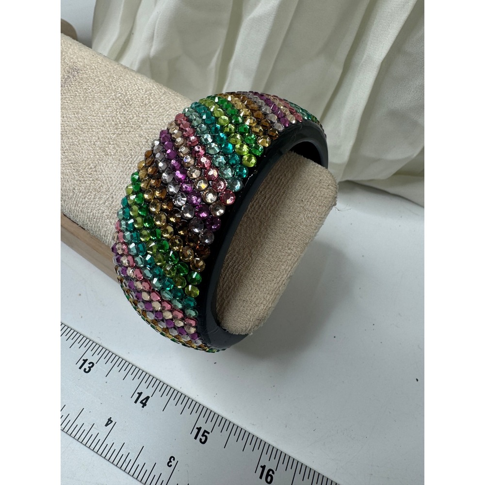 Rainbow Rhinestone Wide Bangle Bracelet Black Chunky Statement Crystal Colorful